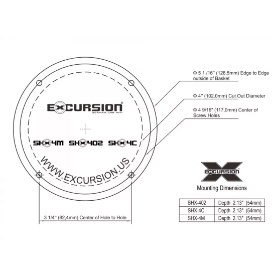 Excursion SHX-4C 2-drożny samochodowy zestaw głośnikowy: 2 woofery 100mm, 2 tweetery 20mm, 2 zwrotnice - 3ohm, 60/150W, 90dB, 60-20000Hz, głębokość 54